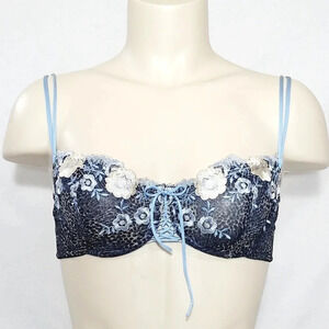 36B Felina 5266 Semi Sheer Embroidered Lace Up Balconette Underwire Bra Blue Flo